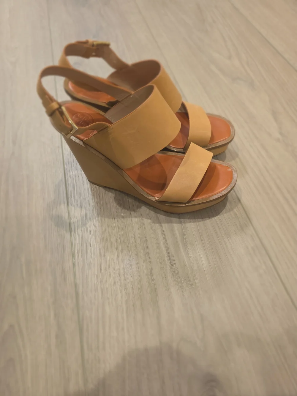Tory Burch Tan Leather Wedge Slingback Sandals